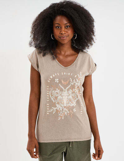 T-shirt coton col en V manches courtes vert kaki femme