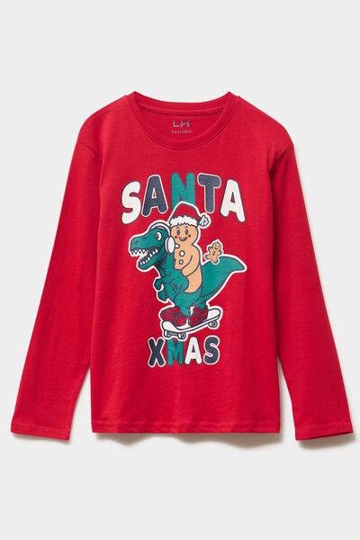 T-shirt de No&euml;l manches longues coton rouge gar&ccedil;on