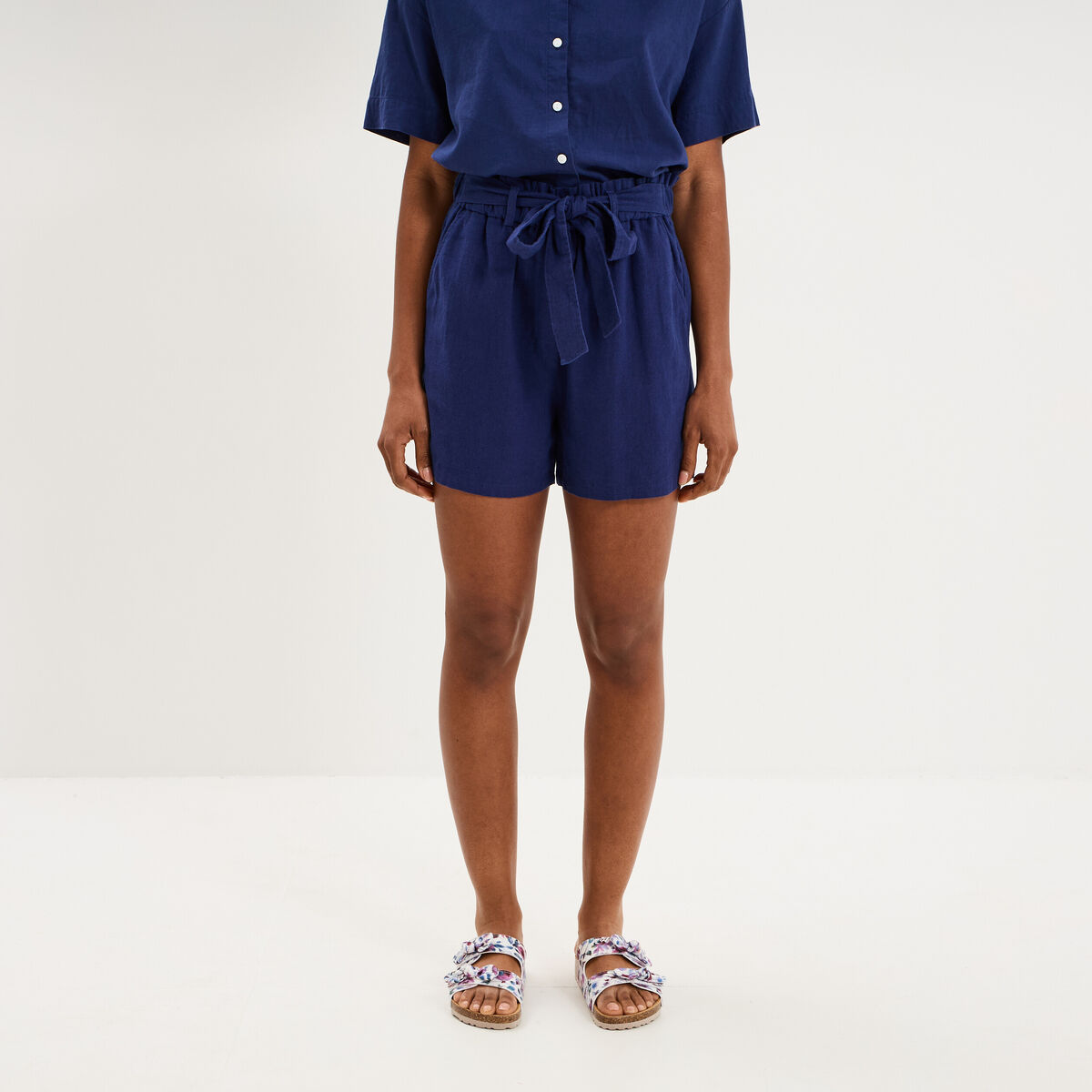 Short paperbag lin m&eacute;lang&eacute; bleu fonc&eacute; femme
