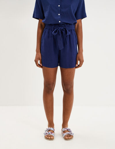 Short paperbag lin m&eacute;lang&eacute; bleu fonc&eacute; femme