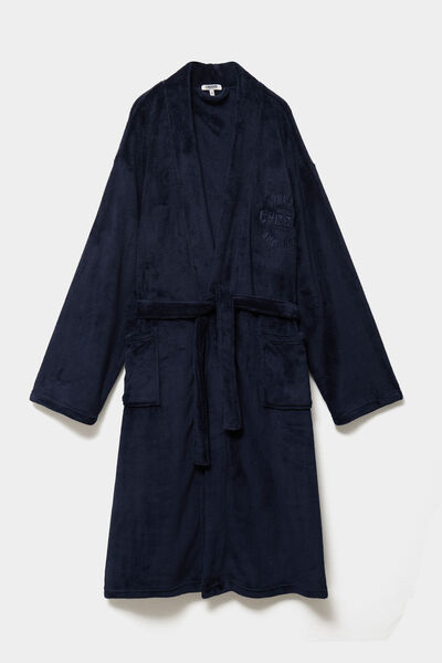 Peignoir long effet velours bleu fonc&eacute; homme