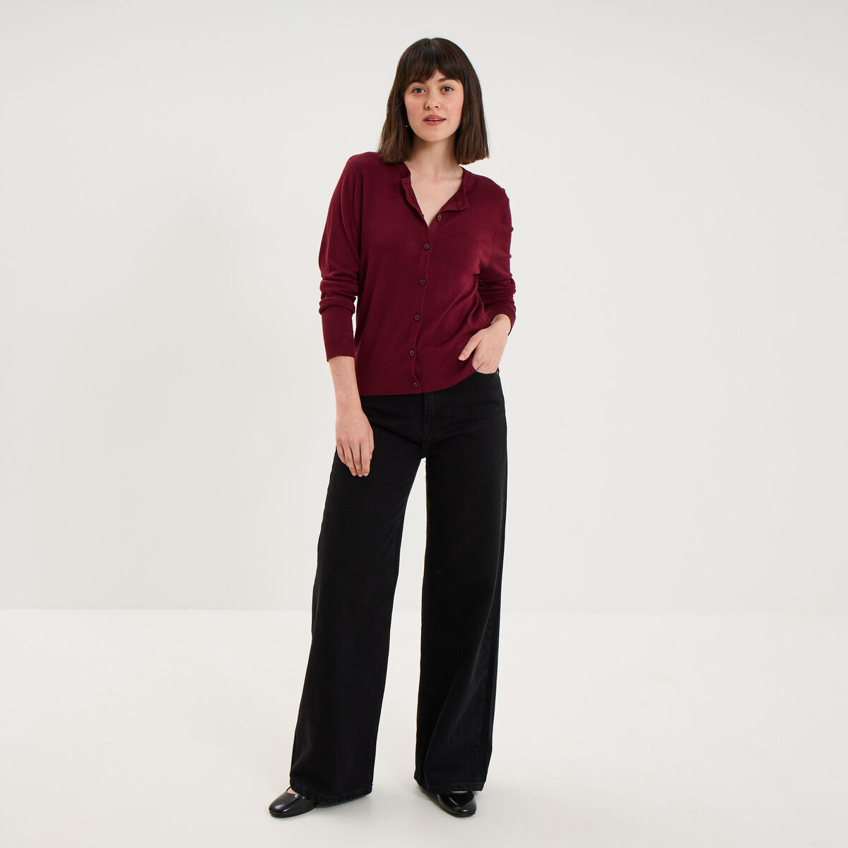 Gilet col rond manches longues bordeaux femme