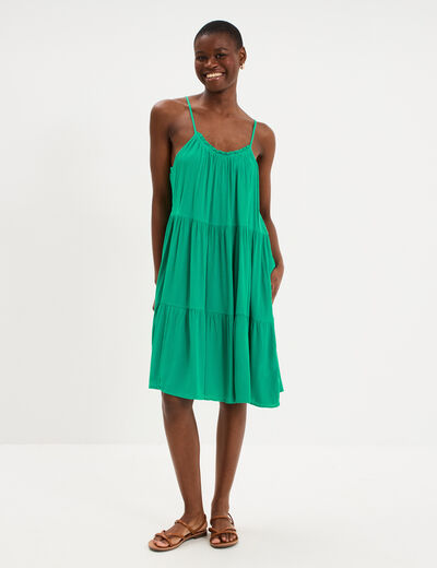 Robe fluide &agrave; volants fines bretelles vert canard femme