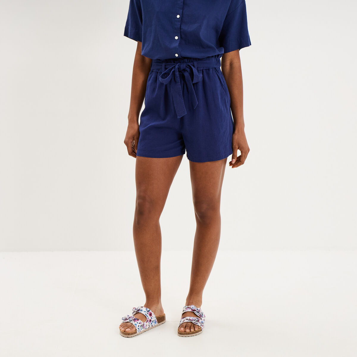 Short paperbag lin m&eacute;lang&eacute; bleu fonc&eacute; femme