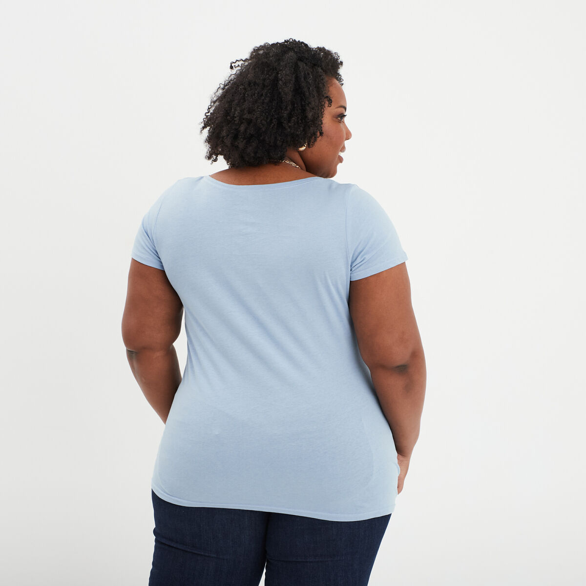 T-shirt col en V manches courtes coton bleu clair femme grande taille