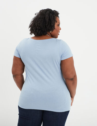 T-shirt col en V manches courtes coton bleu clair femme grande taille