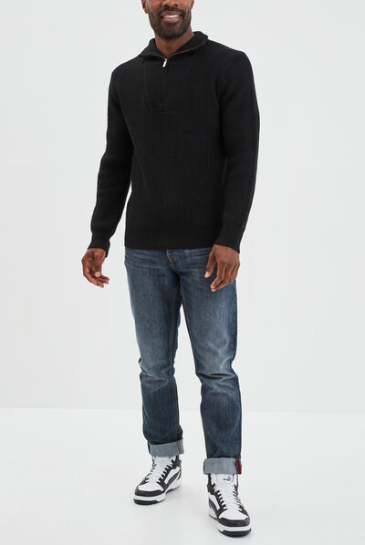 Pull avec col camionneur côtelé noir homme