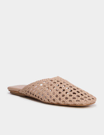 Mules plates carr&eacute;es effet tress&eacute; creme femme