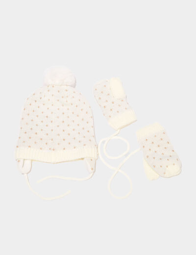 Ensemble bonnet et moufles ivoire b&eacute;b&eacute; fille