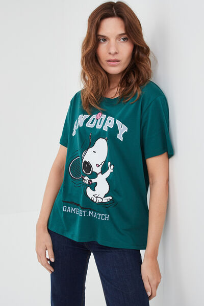 T-shirt manches courtes coton Snoopy vert femme
