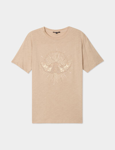 T-shirt droit manches courtes col rond beige femme