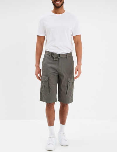 Bermuda cargo c&ocirc;tel&eacute; coton ceintur&eacute; gris homme