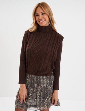 Pull poncho col roul&eacute; sans manches marron fonc&eacute; femme