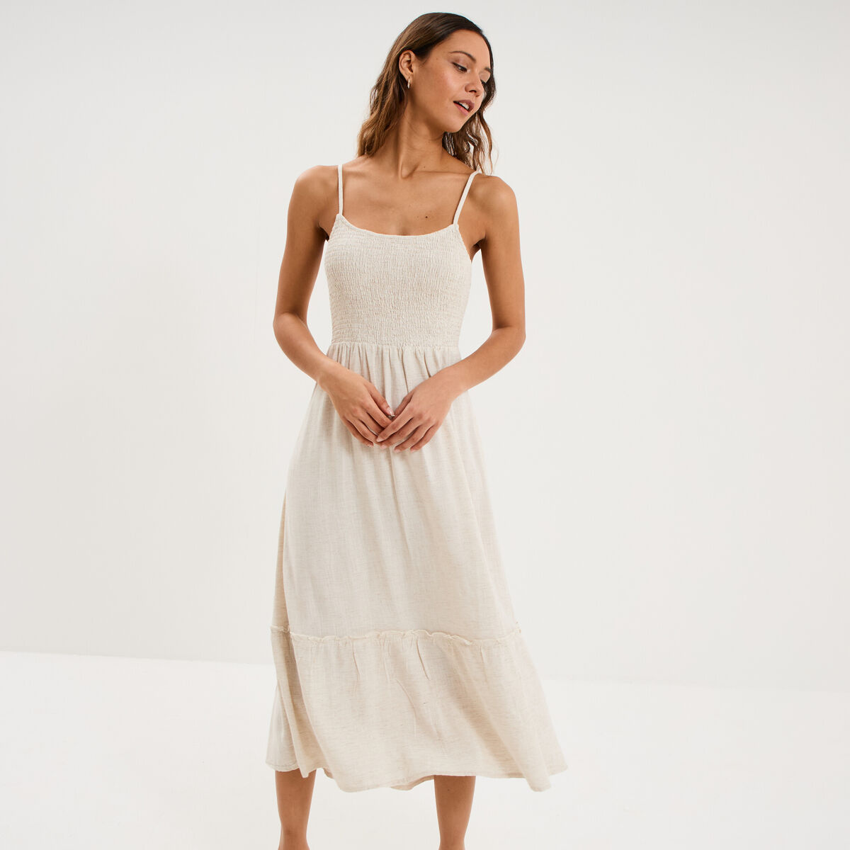 Robe longue buste smock&eacute; lin m&eacute;lang&eacute; beige femme