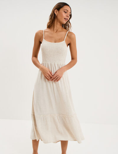 Robe longue buste smock&eacute; lin m&eacute;lang&eacute; beige femme