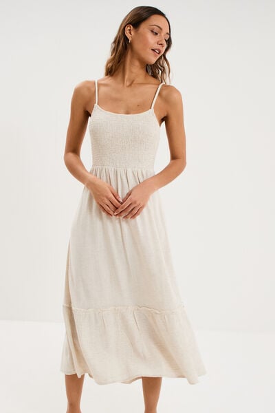 Robe longue buste smock&eacute; lin m&eacute;lang&eacute; beige femme