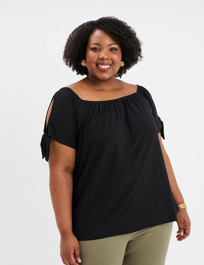 T-shirt manches ouvertes avec noeuds noir femme grande taille