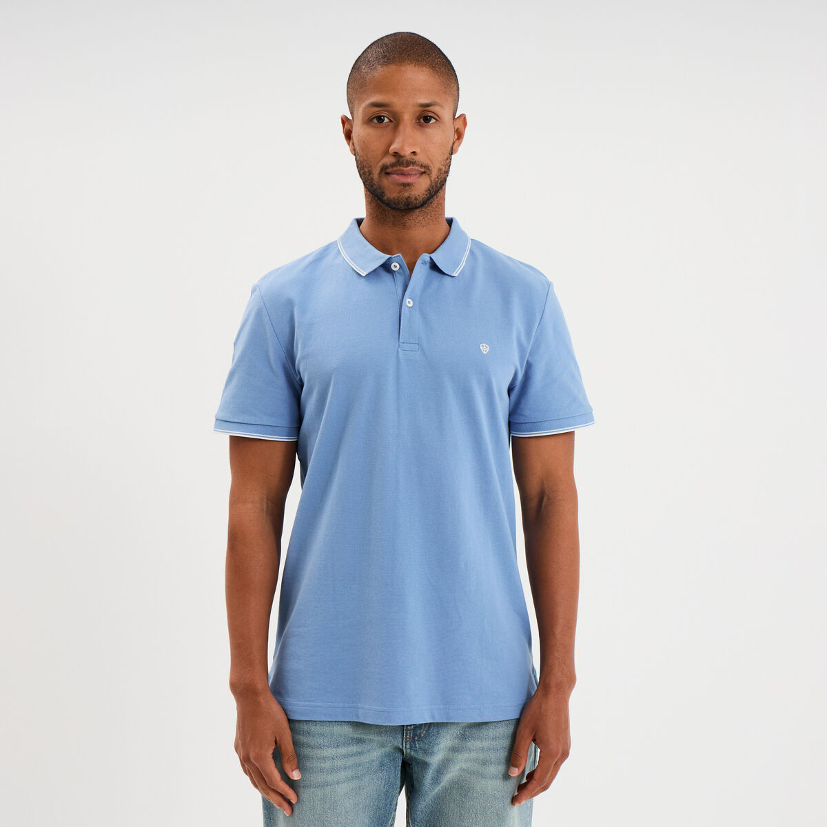 Polo piqu&eacute; coton manches courtes bleu homme