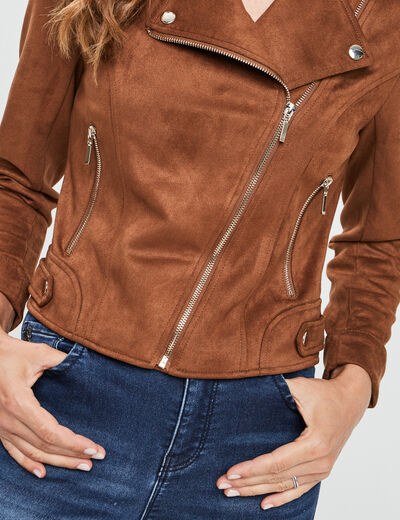 Veste courte esprit biker effet suédine camel femme