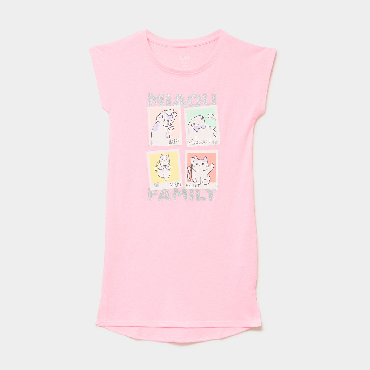 Chemise de nuit manches courtes coton rose fluo fille