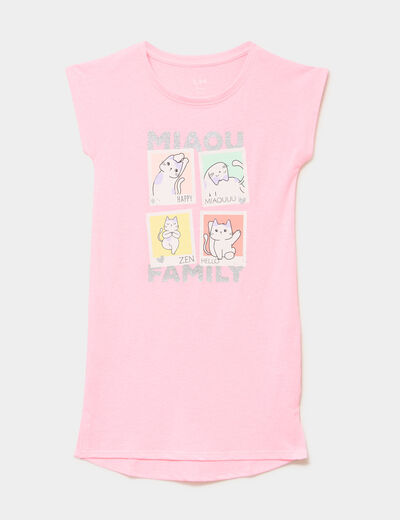 Chemise de nuit manches courtes coton rose fluo fille