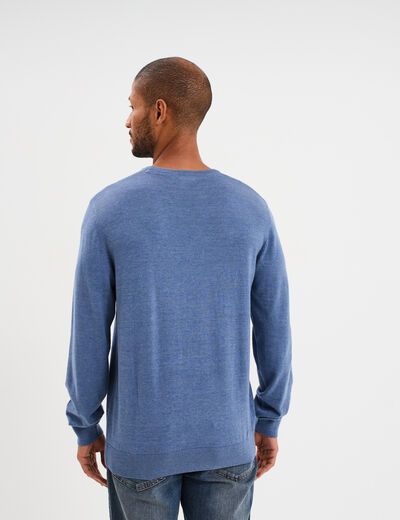 Pull droit col rond coton m&eacute;lang&eacute; bleu fonc&eacute; homme