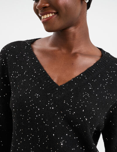 Pull col V &agrave; paillettes et sequins noir femme