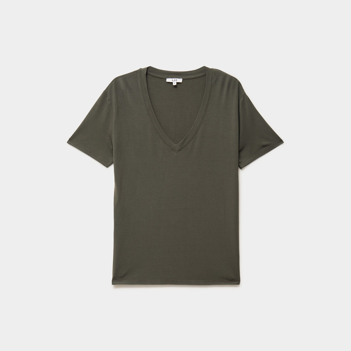 T-shirt fluide col en V manches courtes vert kaki femme