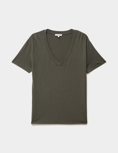 T-shirt fluide col en V manches courtes vert kaki femme