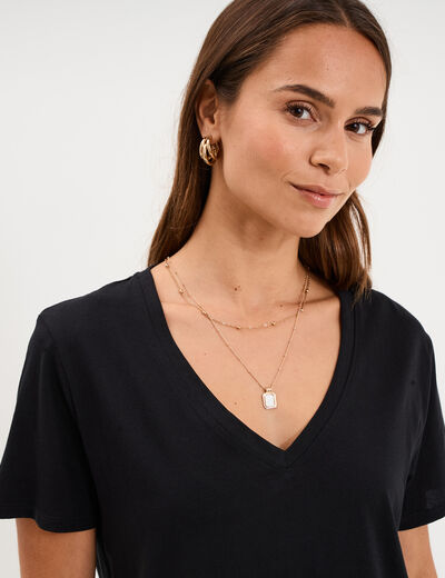 T-shirt manches courtes col en V coton noir femme