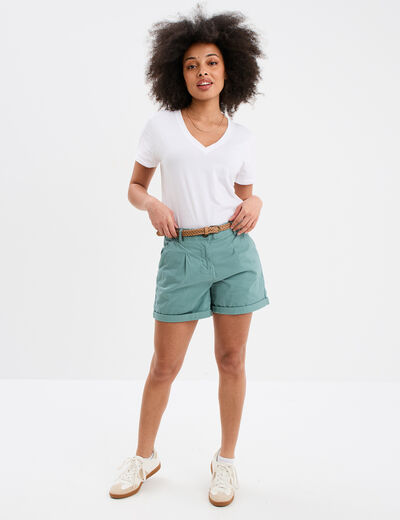Short chino ceinture tressée bleu gris femme