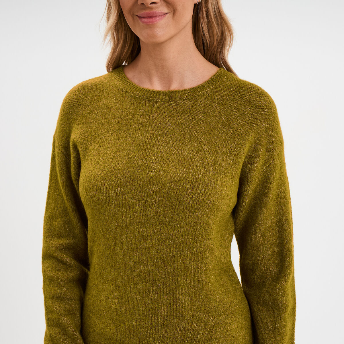 Pull col rond manches longues vert olive femme | La Halle