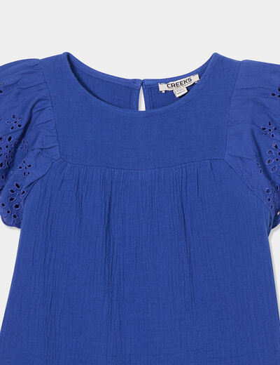 Blouse broderie anglaise gaze de coton bleu roi fille