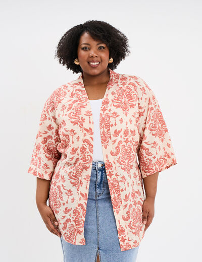Veste esprit kimono fluide ceinturée ecru femme grande taille