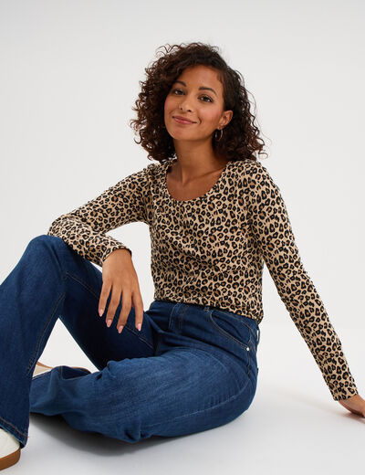 T-shirt col rond manches longues coton sable femme
