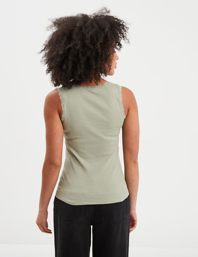 Débardeur coton bords dentelle vert kaki femme