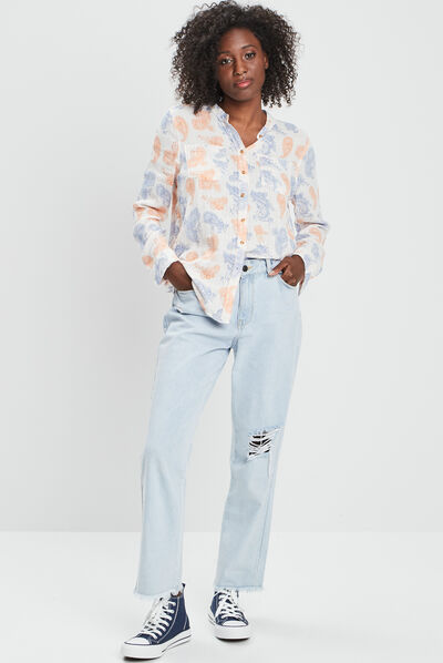 Chemise manches longues col mao ecru femme