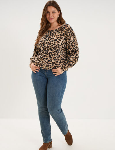 Pull manches longues col rond beige femme grande taille