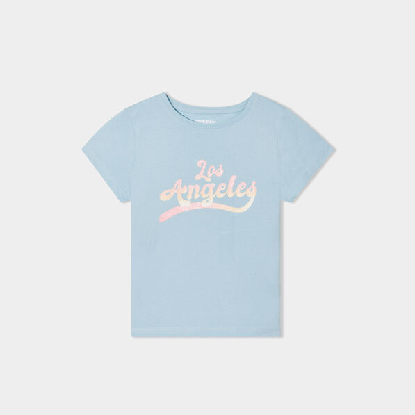 T-shirt col rond manches courtes coton bleu fille