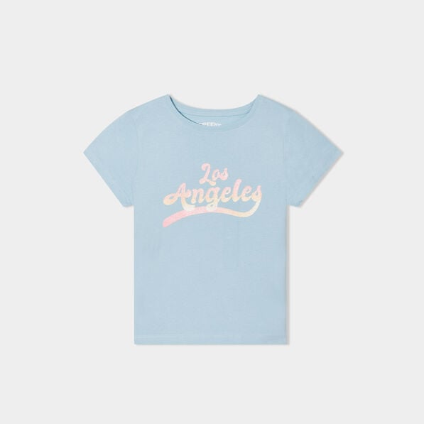 t shirt col rond manches courtes coton bleu fille T-shirt col rond manches courtes coton bleu fille