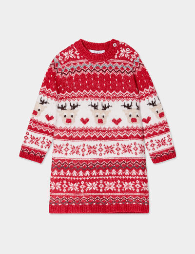 Robe pull Noël col rond manches longues rouge bébé fille