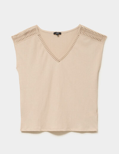 T-shirt col en V manches courtes beige femme
