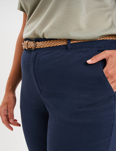 Pantalon chino cigarette ceinturé coton bleu marine femme grande taille