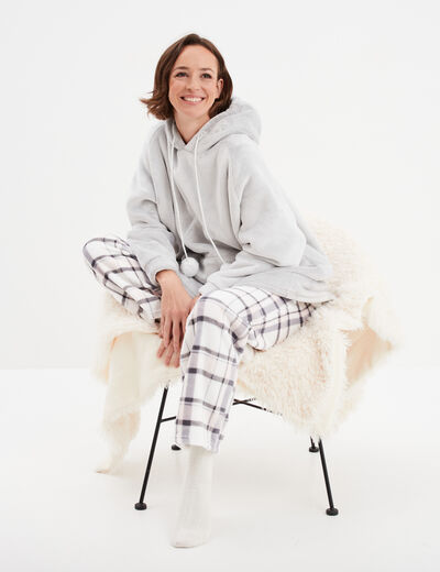 Poncho plaid polaire à capuche taupe femme