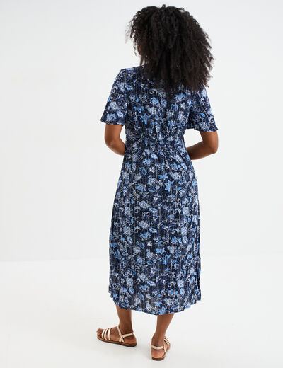 Robe longue empire taille smock&eacute;e bleu marine femme