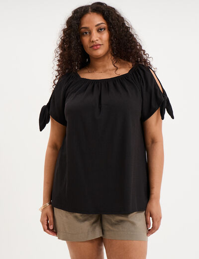 T-shirt gaufr&eacute; avec manches &agrave; noeuds noir femme grande taille