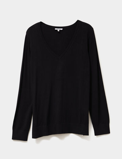 Pull fin col en V manches longues noir femme grande taille