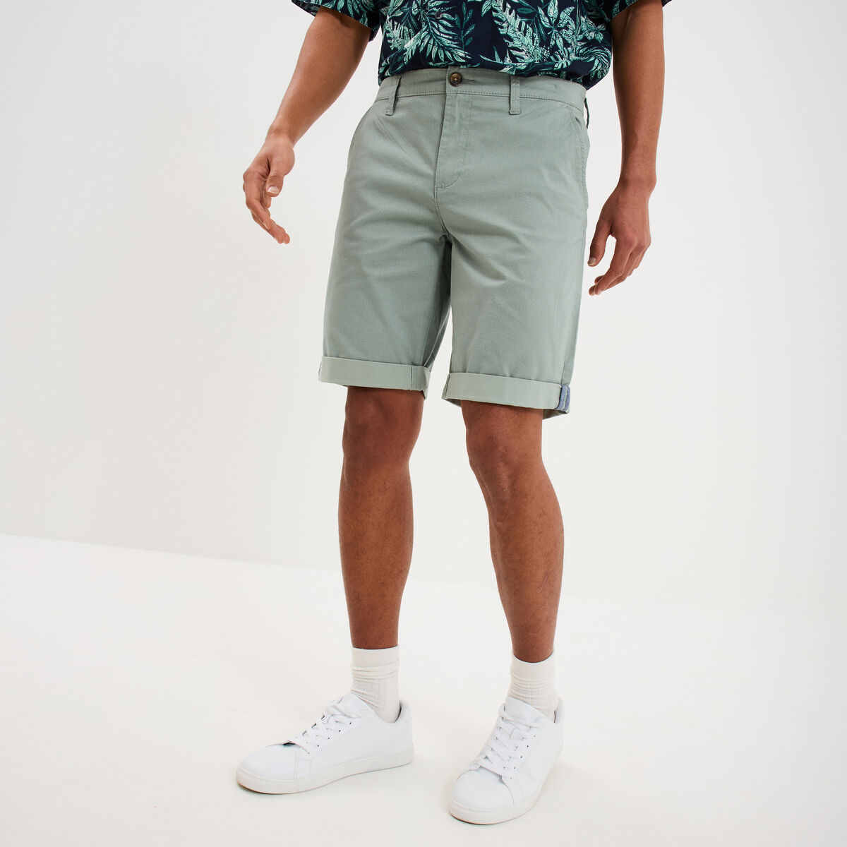 Bermuda short chino droit coton stretch vert olive homme