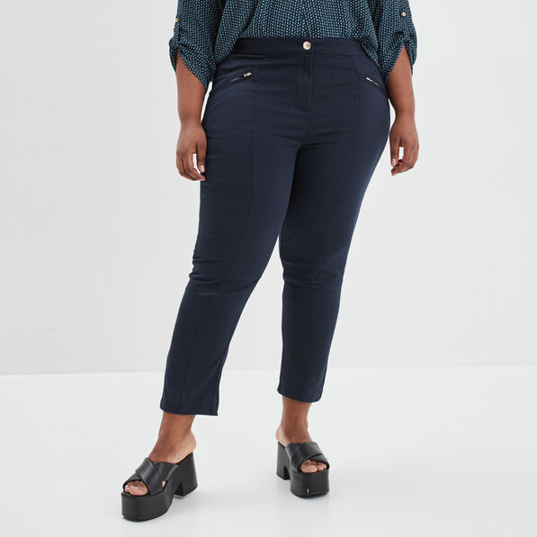 pantalon regular details zippes bleu fonce femmegt Pantalon regular détails zippés bleu foncé femme grande taille