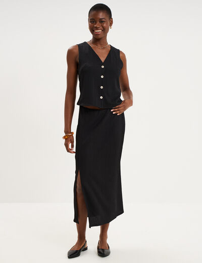 Veston gaufr&eacute; ajust&eacute; boutonn&eacute; col en V noir femme